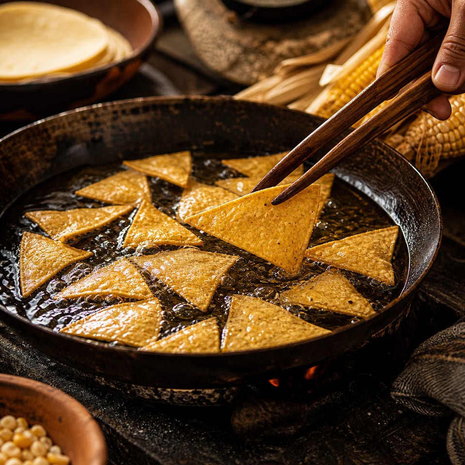 Frying triangular corn totopos until crisp