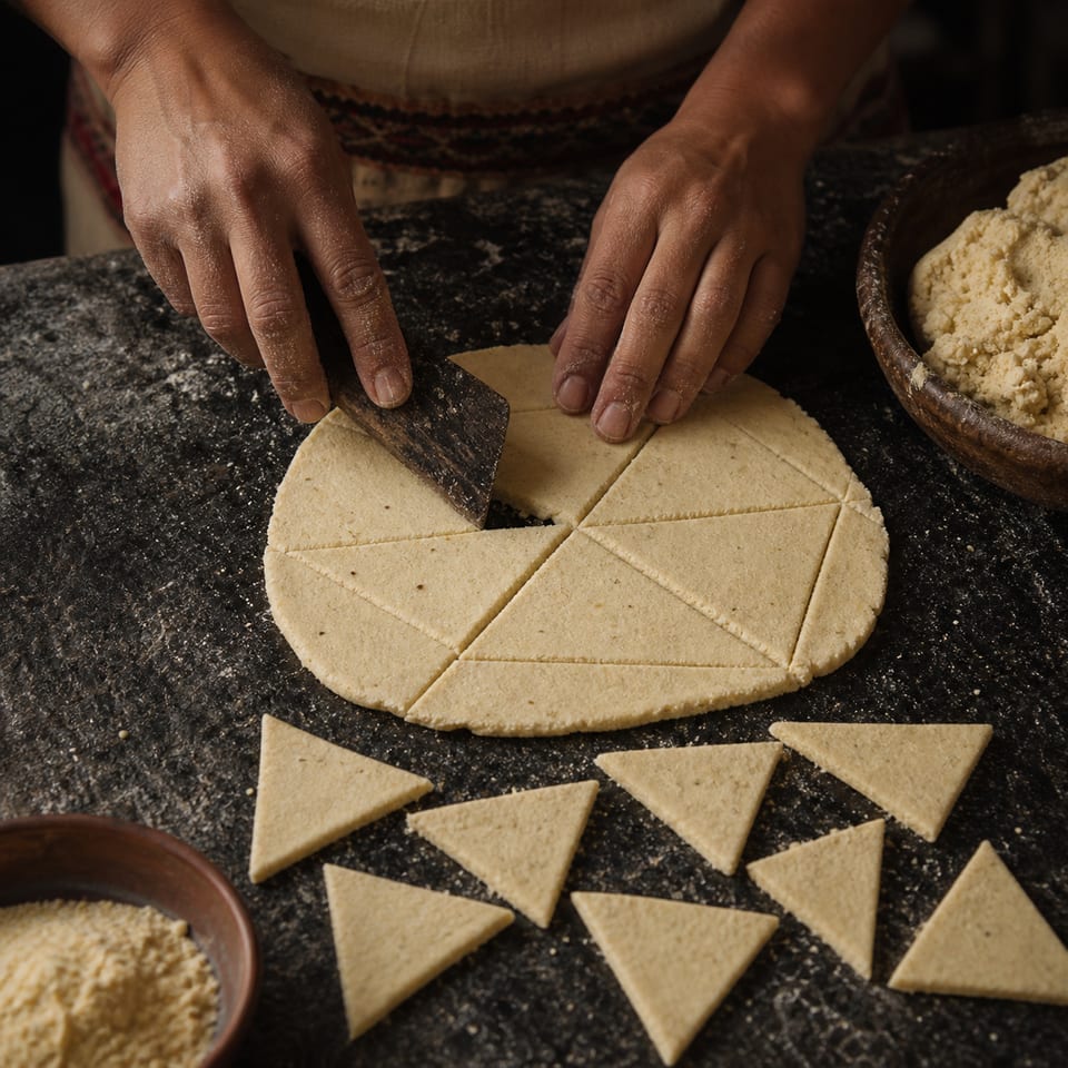 Hand cutting fresh masa into triangular totopos