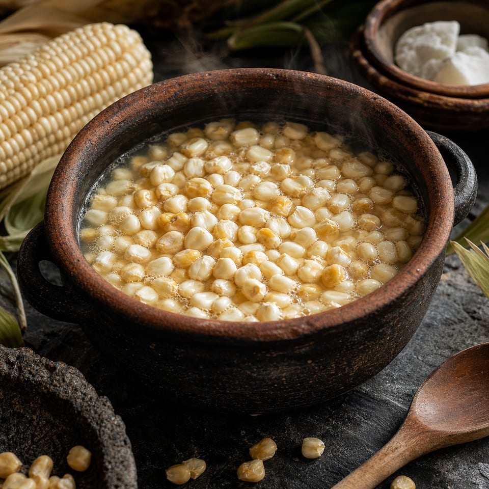 Corn kernels soaking during nixtamalization