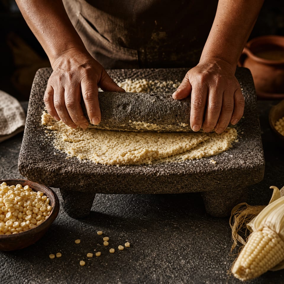 Grinding nixtamalized corn on a stone metate