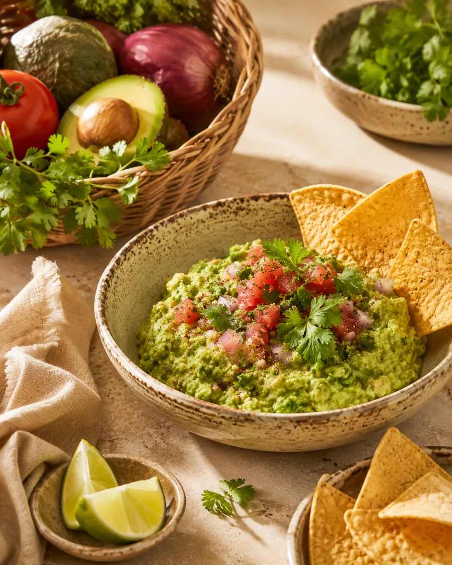 Guacamole and pico de gallo with Zea Mays totopos