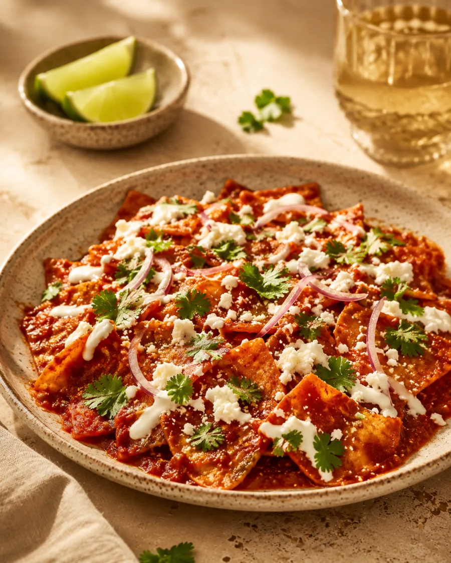 Red chilaquiles with Zea Mays totopos
